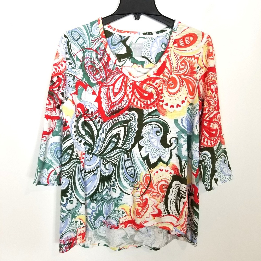 Chicos Women Floral print Cotton Modal Round Neck‎ Top Sz L Short Sleeve Artsy